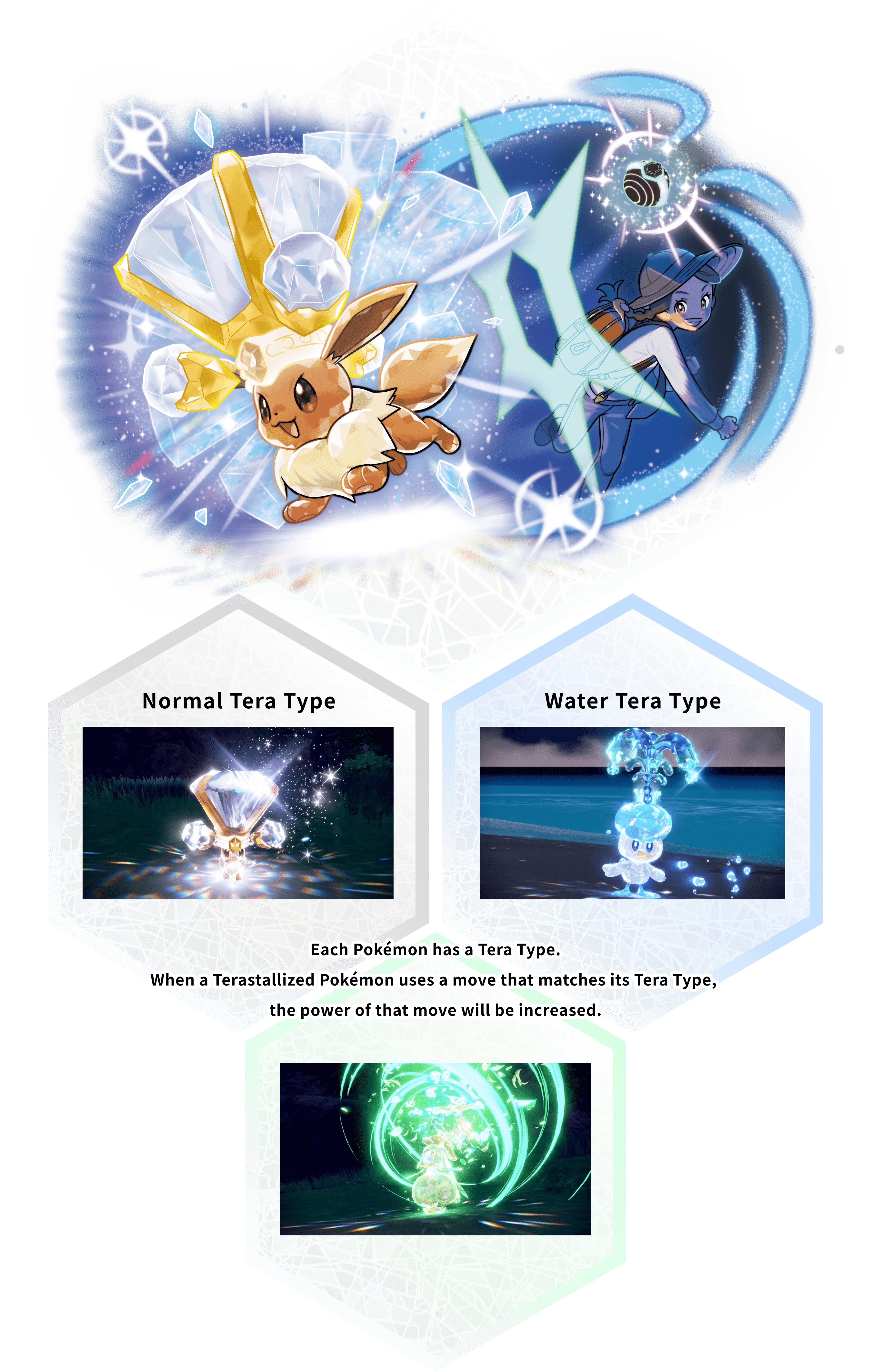 Each Pokémon has a Tera Type. A Pokémon’s Tera Type is inactive until the Pokémon Terastallizes, <br>at which time the Pokémon’s type will change to its Tera Type. <br>Some Eevee will have a Normal Tera Type, but some other Eevee have a Water Tera Type. / When a Terastallized Pokémon uses a move that matches <br>its Tera Type and at least one of its original types, <br>the boost to that move’s power will be even greater!